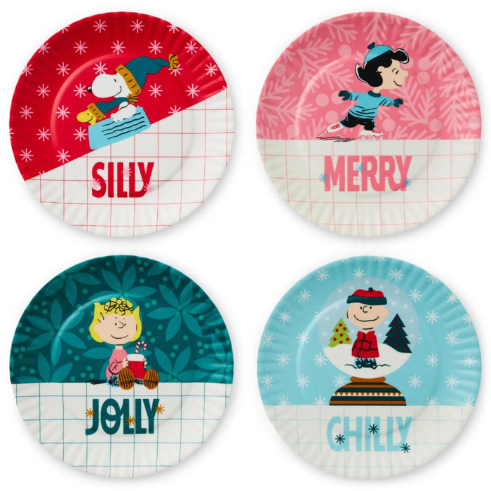 Set of 4 Peanuts® Wintertime Fun appetizer plates featuring a festive winter-themed character design.