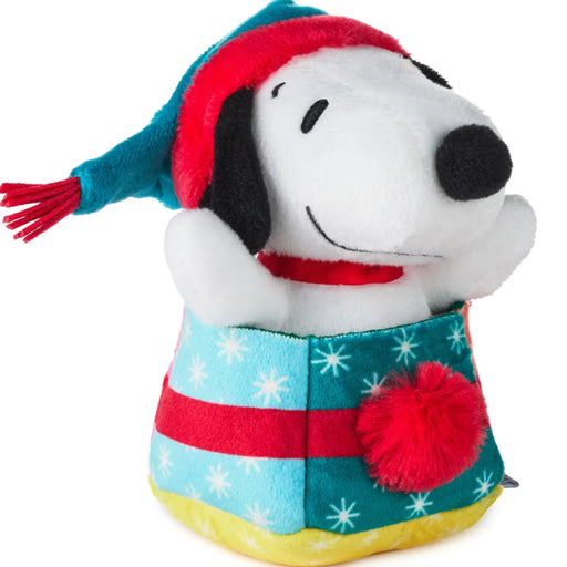 Peanuts Snoopy 3.5-inch Zip-Along plush toy tucked inside a festive Christmas present design