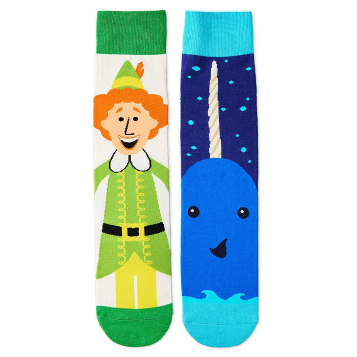 Elf Buddy and Narwhal novelty crew socks featuring festive Christmas movie characters
