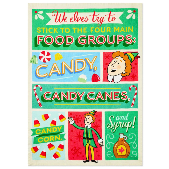 Elf Four Main Food Groups 18 x 26-inch tea towel with Buddy the Elf-inspired Christmas design