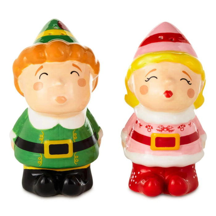 Set of 2 Elf Buddy and Jovie salt and pepper shakers with festive character designs.
