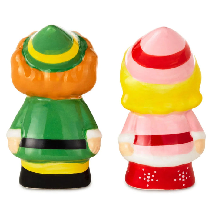 Set of 2 Elf Buddy and Jovie salt and pepper shakers with festive character designs.