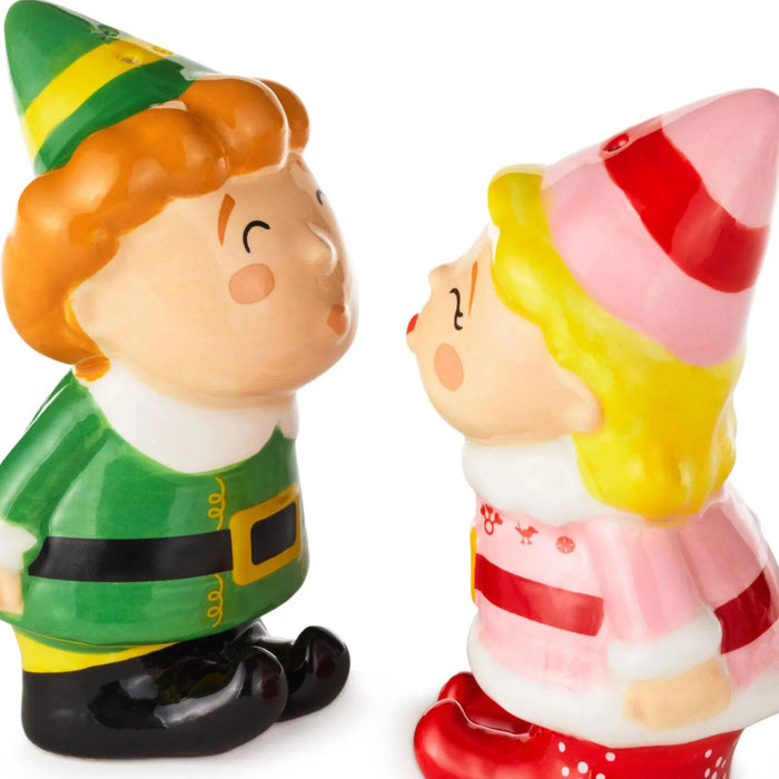 Set of 2 Elf Buddy and Jovie salt and pepper shakers with festive character designs.