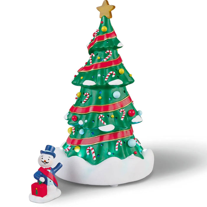 Magic Snowman Village musical Christmas tree and snowman mayor tabletop decorations with lights, set of two