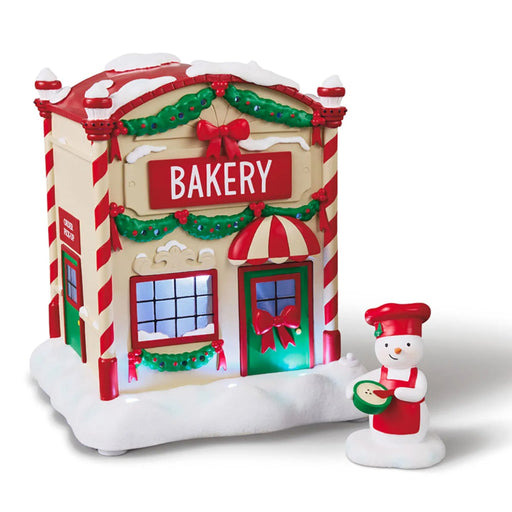 Magic Snowman Village musical bakery and baker tabletop decorations with lights, set of two