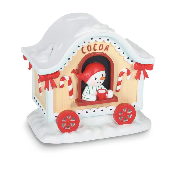 Magic Snowman Village hot cocoa cart tabletop decoration, 4.25 inches tall, with festive snowman details