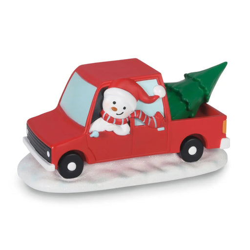 Magic Snowman Village red truck tabletop decoration, 3 inches tall, with festive holiday design