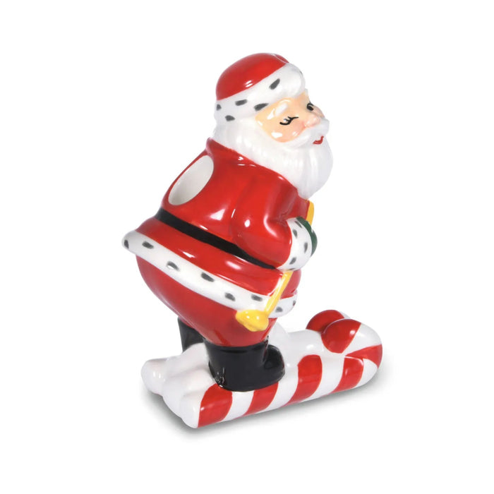 Skiing Santa Christmas toothpick holder featuring a festive Santa design for holiday table décor