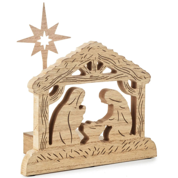 Lighted Nativity Shadowcaster tabletop decoration creating a festive shadow effect for Christmas décor