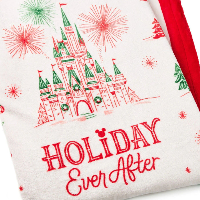 Disney Holiday Ever After 50x60 throw blanket featuring festive Disney holiday artwork, soft cozy fabric, and seasonal Christmas design for home décor and gifting.