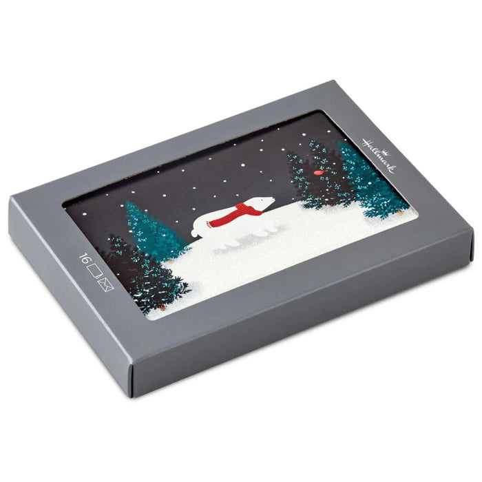 Hallmark boxed holiday cards featuring a polar bear wearing a red scarf, pack of 16