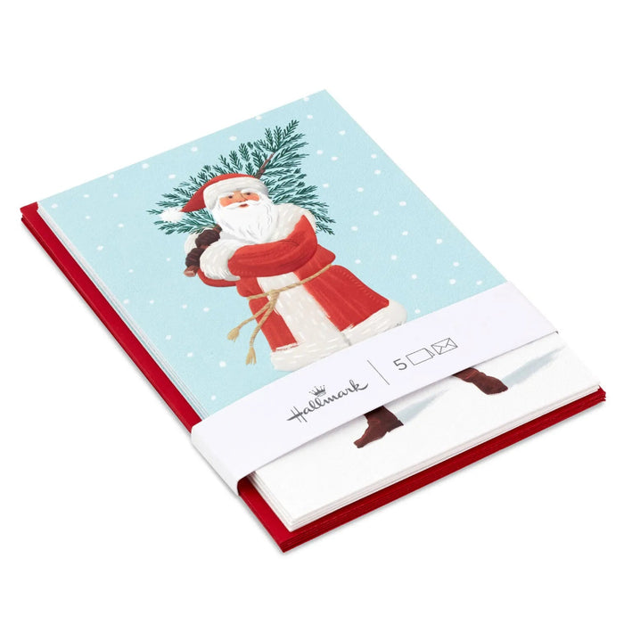Hallmark Santa Carrying Fir Tree Packaged Christmas Cards Set of 5