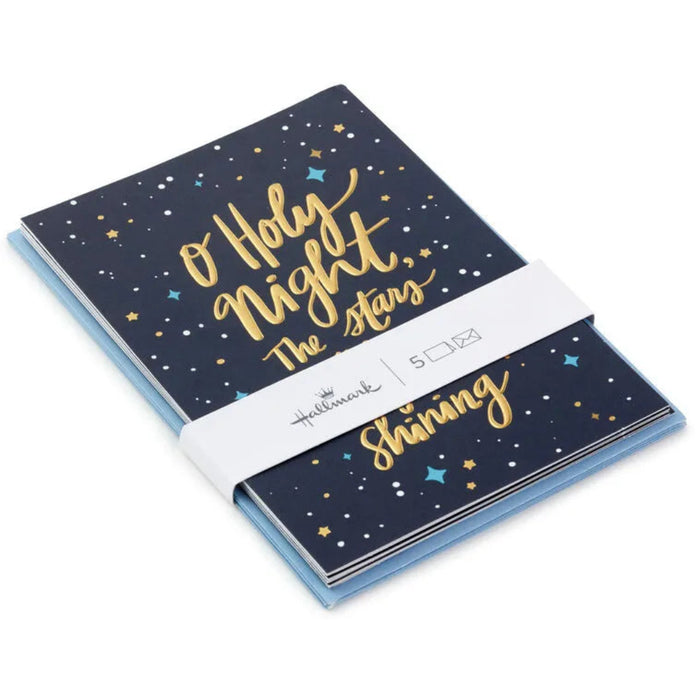 Hallmark Gold Stars on Blue packaged Christmas cards featuring gold stars on a blue background, set of 5