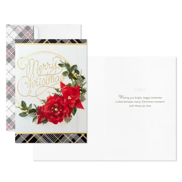 Hallmark Merry Christmas poinsettia wreath boxed Christmas cards, pack of 16