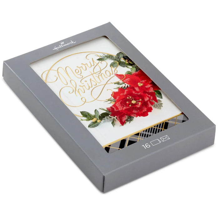 Hallmark Merry Christmas poinsettia wreath boxed Christmas cards, pack of 16