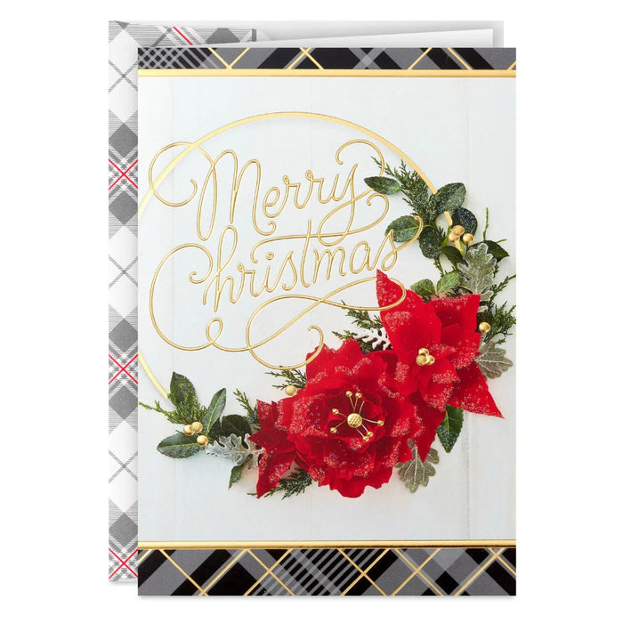 Hallmark Merry Christmas poinsettia wreath boxed Christmas cards, pack of 16