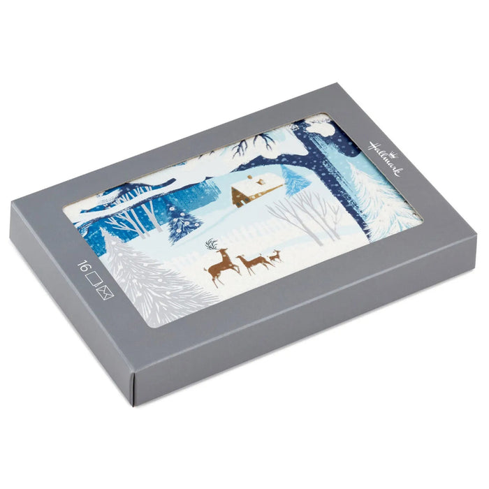 Hallmark Snowy Landscape With Deer boxed holiday cards featuring deer in a peaceful snowy winter scene, pack of 16