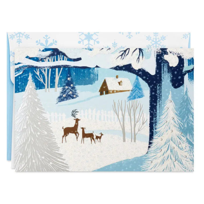 Hallmark Snowy Landscape With Deer boxed holiday cards featuring deer in a peaceful snowy winter scene, pack of 16