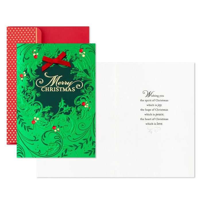 Hallmark Green Foil Wreath boxed Christmas cards, pack of 12, featuring a classic green wreath with foil detailing.