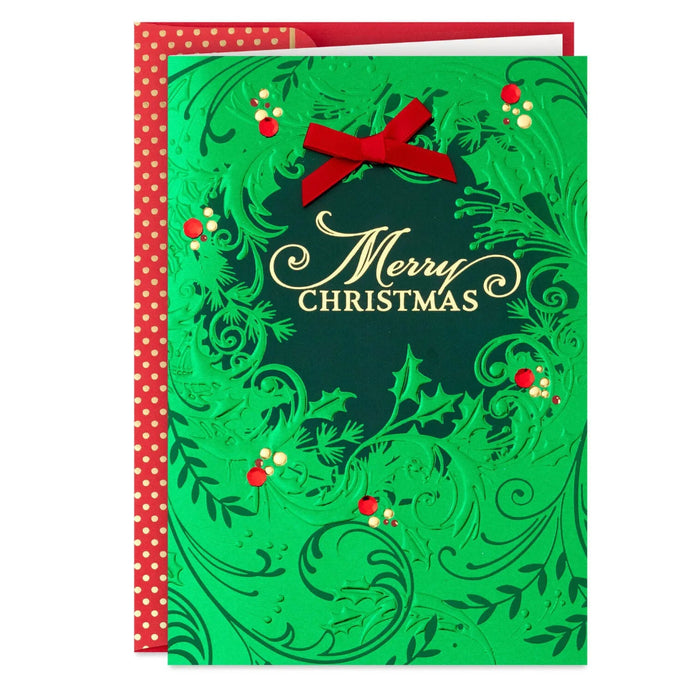 Hallmark Green Foil Wreath boxed Christmas cards, pack of 12, featuring a classic green wreath with foil detailing.