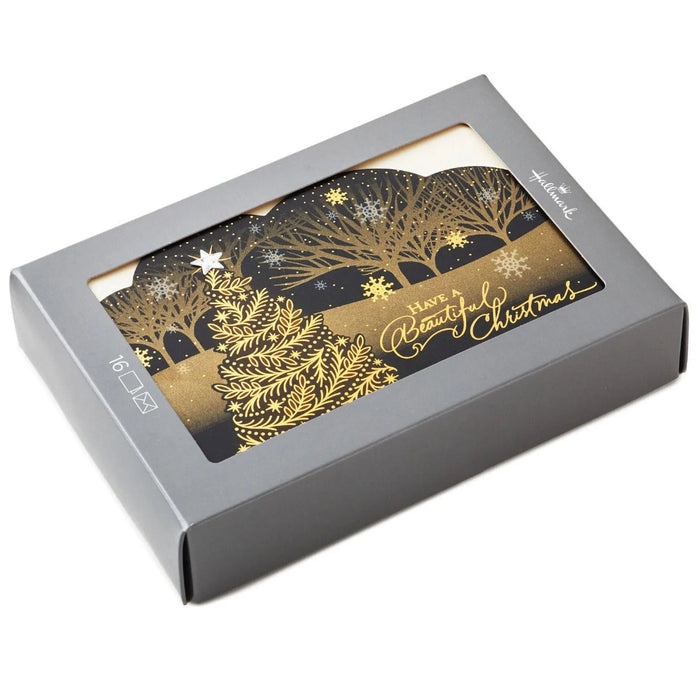 Hallmark Elegant Tree on Black boxed Christmas cards, pack of 16