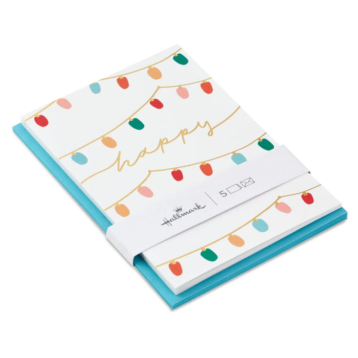 Hallmark Strings of Christmas Lights packaged Christmas cards set of 5 featuring colorful festive holiday light artwork