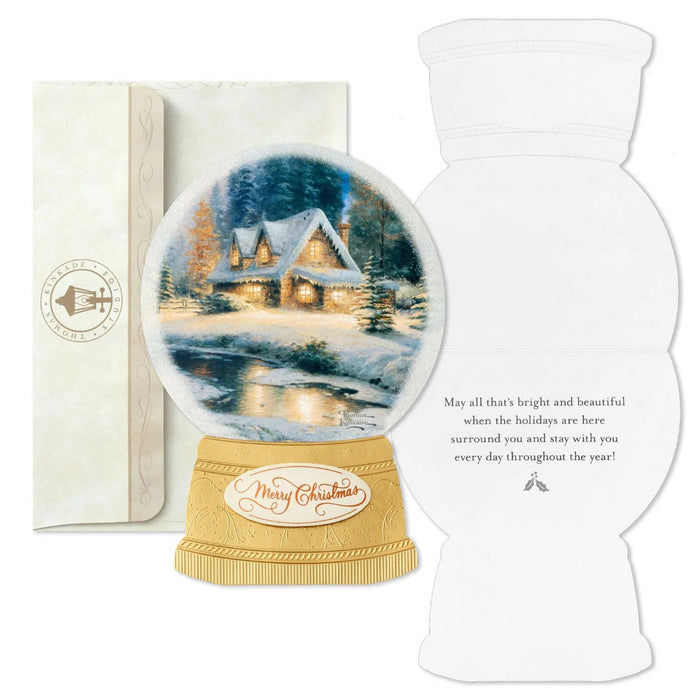 Hallmark Thomas Kinkade Cottage in Snow Globe boxed Christmas cards featuring a snowy cottage scene, pack of 12