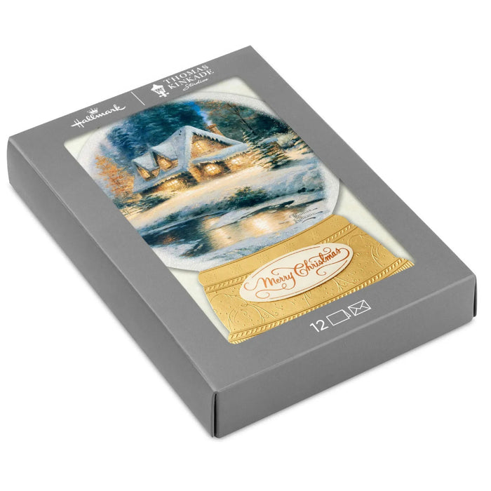 Hallmark Thomas Kinkade Cottage in Snow Globe boxed Christmas cards featuring a snowy cottage scene, pack of 12