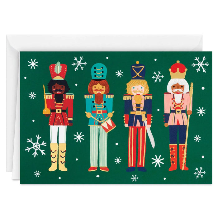 Hallmark Nutcrackers on Green boxed Christmas cards featuring festive nutcracker designs on a green background, pack of 16