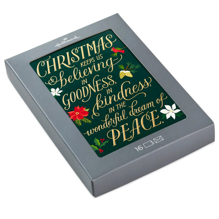 Hallmark Christmas Keeps Us Believing boxed Christmas cards featuring a festive holiday design and heartfelt message, pack of 16