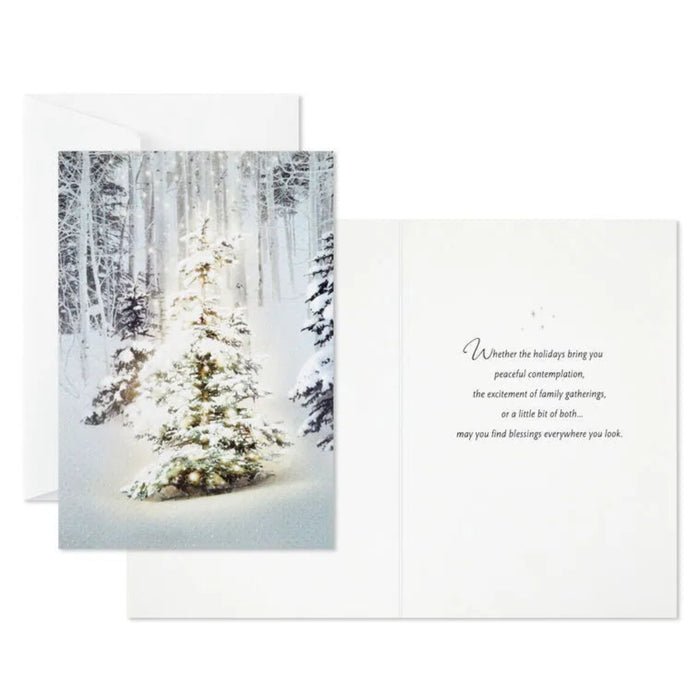 Hallmark Snowy Pine Tree Blessings Everywhere boxed Christmas cards featuring snowy pine trees and a holiday blessings message, pack of 16