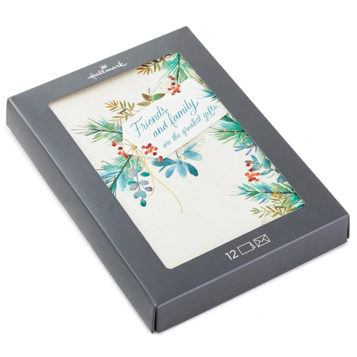 Hallmark Evergreen Branches Greatest Gifts boxed Christmas cards pack of 12 featuring a classic evergreen holiday design