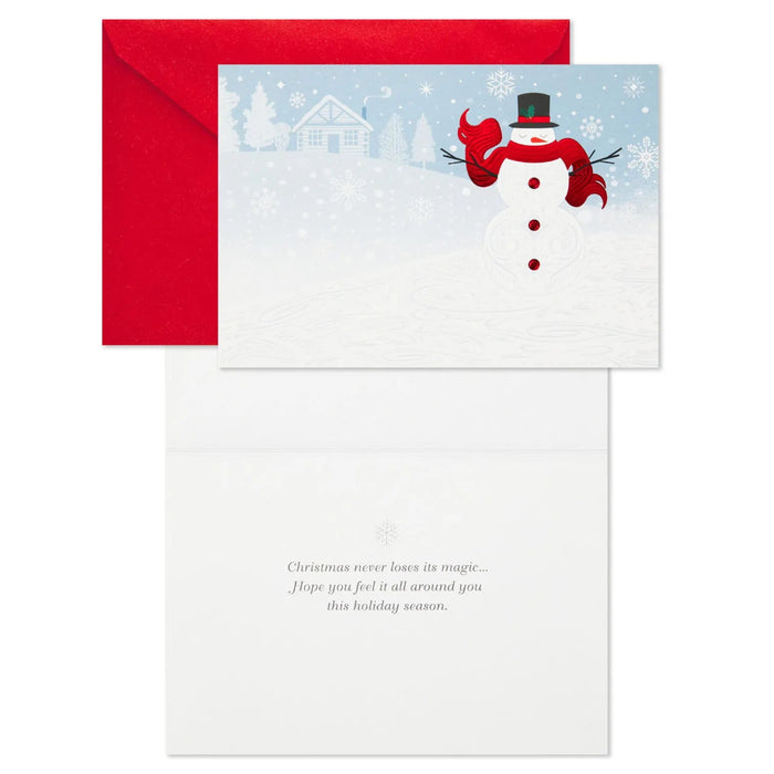 Hallmark Cozy Snowman and Flurries boxed Christmas cards featuring a cheerful snowman in a snowy winter scene, pack of 40