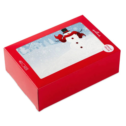 Hallmark Cozy Snowman and Flurries boxed Christmas cards featuring a cheerful snowman in a snowy winter scene, pack of 40