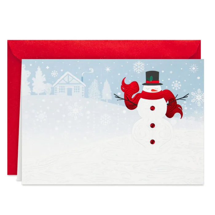 Hallmark Cozy Snowman and Flurries boxed Christmas cards featuring a cheerful snowman in a snowy winter scene, pack of 40