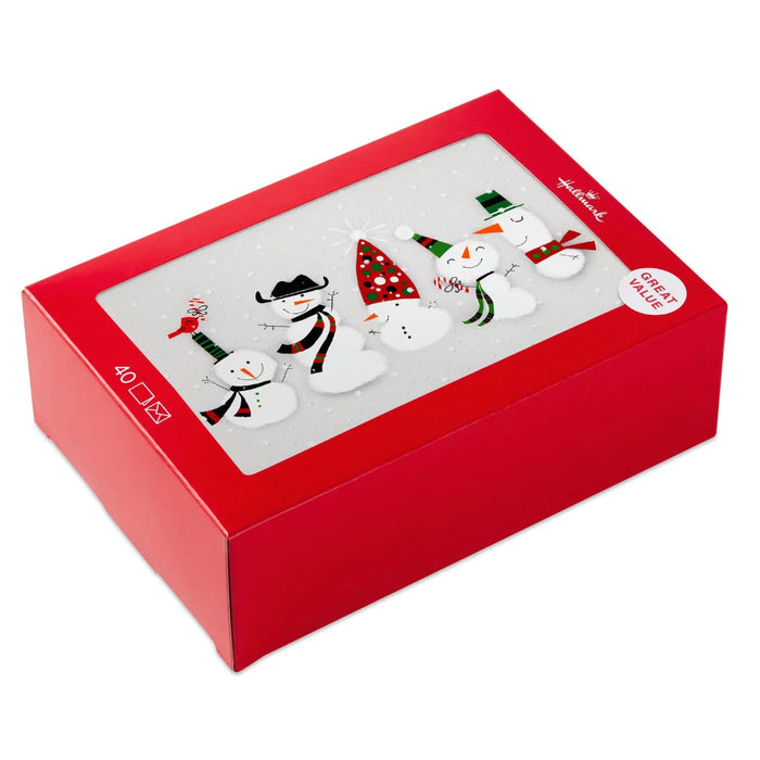 Hallmark Dapper Holiday Snowmen boxed Christmas cards pack of 40 featuring festive snowmen in stylish holiday designs.