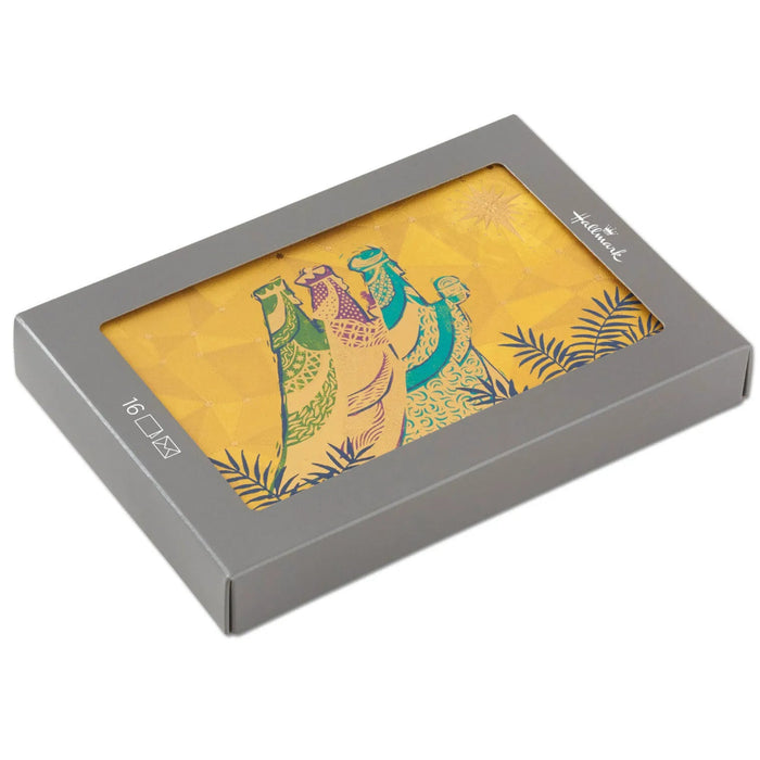 Hallmark Three Wise Men Bearing Gifts boxed Christmas cards pack of 16 featuring traditional Magi artwork and a religious Christmas design.