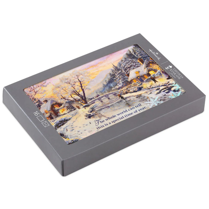Hallmark Thomas Kinkade Winter Evening boxed Christmas cards pack of 16 featuring a peaceful snowy winter landscape and holiday scene.