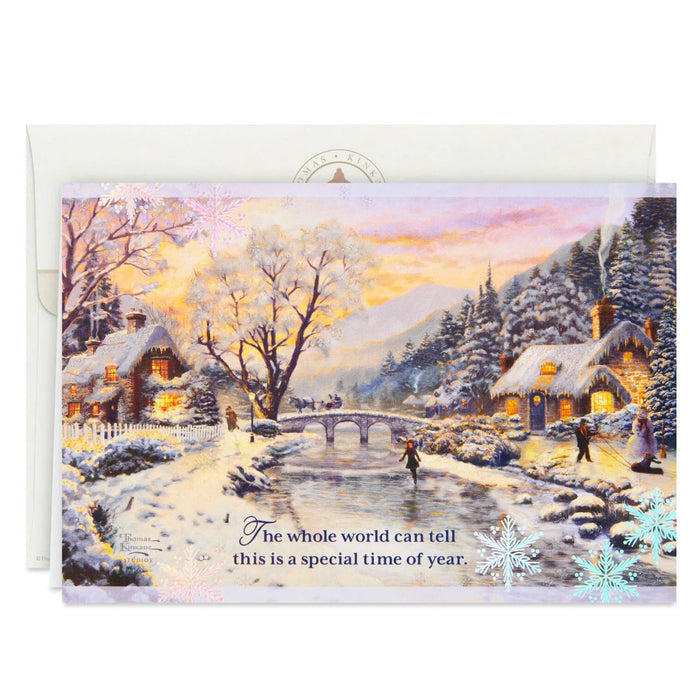 Hallmark Thomas Kinkade Winter Evening boxed Christmas cards pack of 16 featuring a peaceful snowy winter landscape and holiday scene.