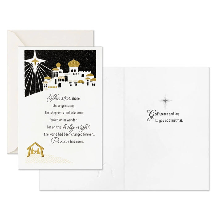 Hallmark Peace and Joy Bethlehem Scene boxed Christmas cards, pack of 16, featuring a serene Bethlehem Christmas scene