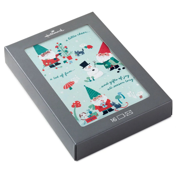 Hallmark Gnomes at Christmas boxed Christmas cards pack of 16 featuring festive gnomes and cheerful holiday artwork.