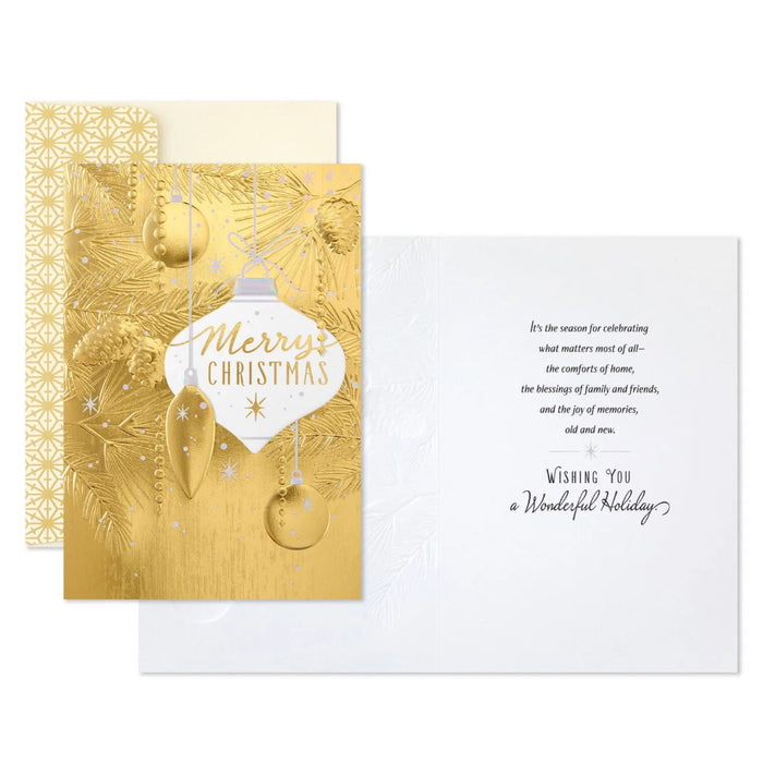Hallmark Elegant Gold Foil Ornaments boxed Christmas cards featuring ornament designs with gold foil accents, pack of 16