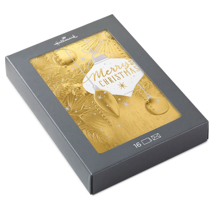 Hallmark Elegant Gold Foil Ornaments boxed Christmas cards featuring ornament designs with gold foil accents, pack of 16
