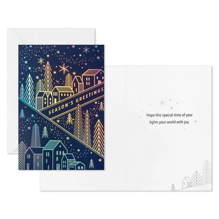 Hallmark Sparkling Homes at Night boxed Christmas cards featuring glowing homes in a festive nighttime winter scene, pack of 16
