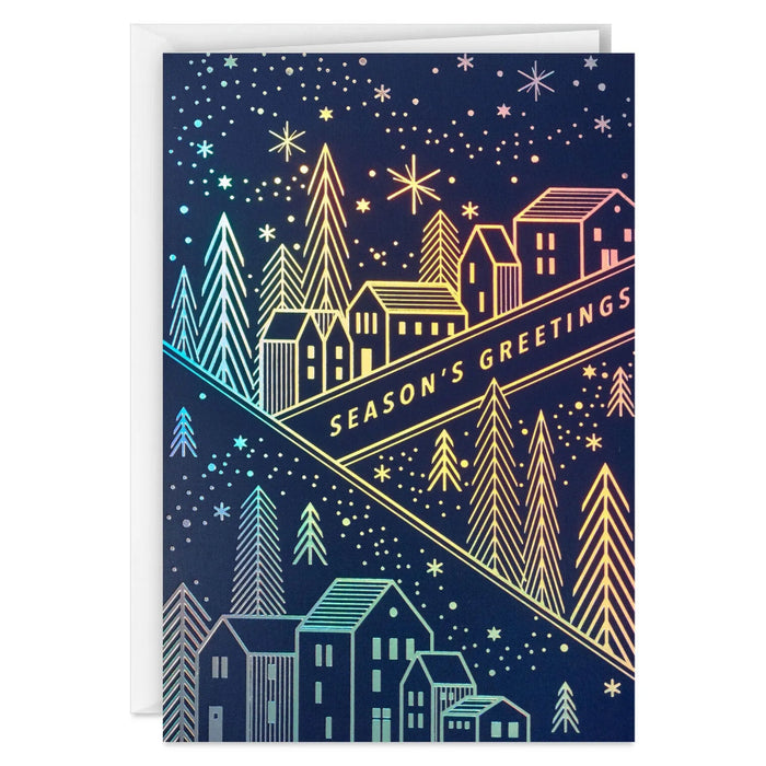 Hallmark Sparkling Homes at Night boxed Christmas cards featuring glowing homes in a festive nighttime winter scene, pack of 16