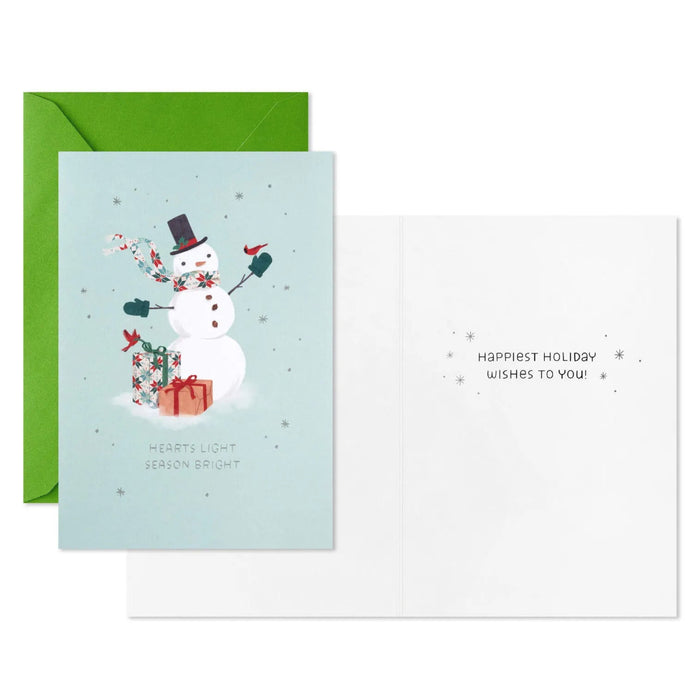 Hallmark Festive Snowman on Green packaged Christmas cards featuring a snowman design on a green background, set of 5