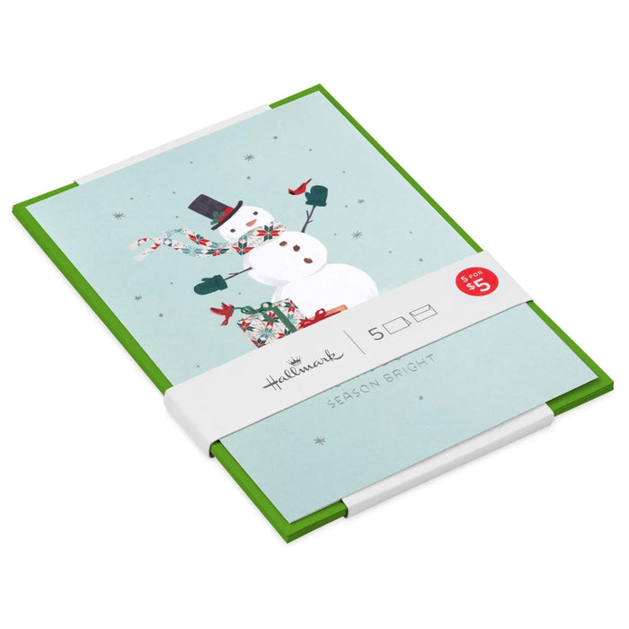 Hallmark Festive Snowman on Green packaged Christmas cards featuring a snowman design on a green background, set of 5