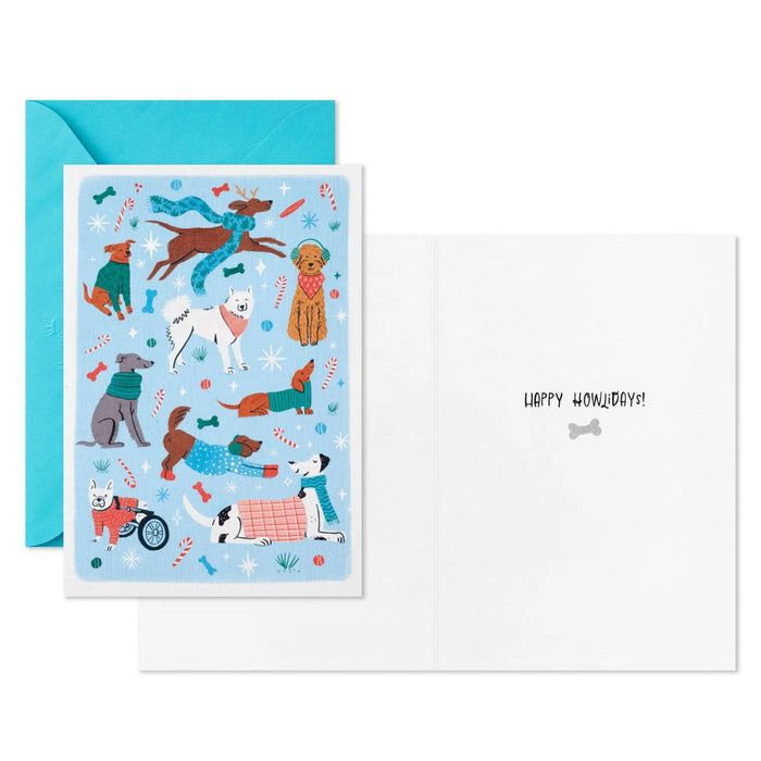 Hallmark Festive Dogs on Blue packaged Christmas cards featuring festive dogs on a blue background, set of 5