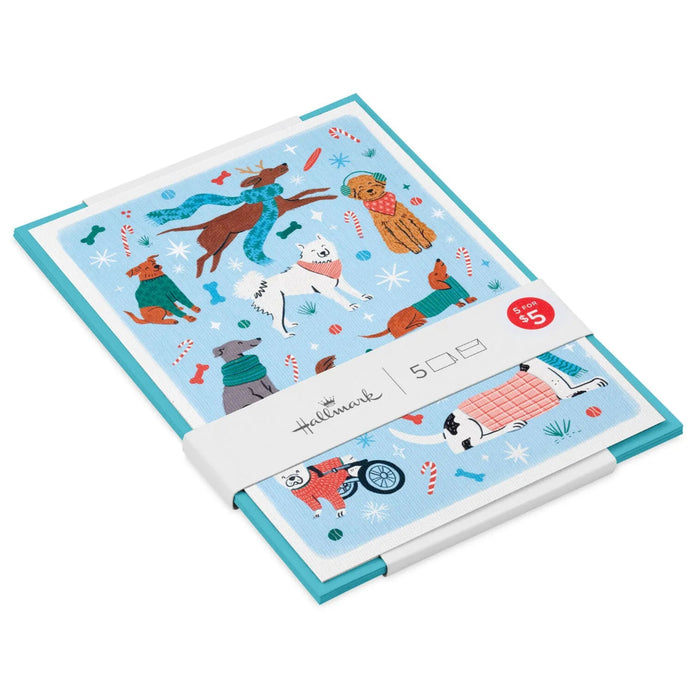 Hallmark Festive Dogs on Blue packaged Christmas cards featuring festive dogs on a blue background, set of 5