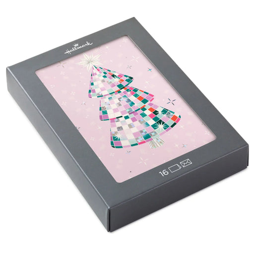 Hallmark Sparkling Tree on Pink boxed Christmas greeting cards, pack of 16 festive holiday cards